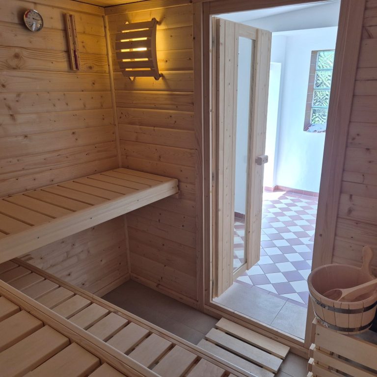 Sauna Moderne Sauna mit Holzverkleidung, Steinbrunnen und gedämpfter Beleuchtung.